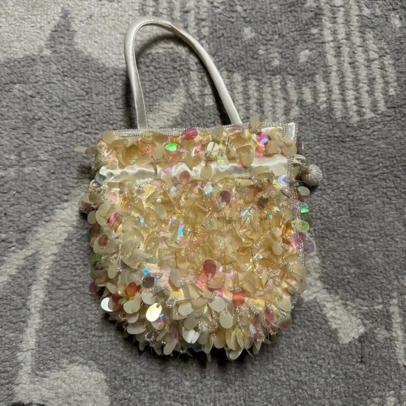 Jessica McClintock Satin Lined Beaded Sequin Yellow Ivory Drawstring Mini Bag - Picture 2 of 8